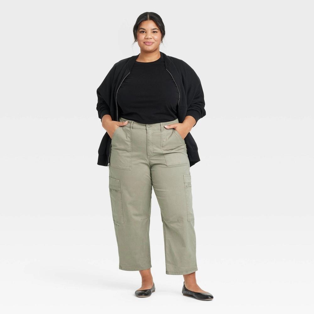 Women's Mid-Rise Barrel Leg Cargo Pants - Universal Thread™ Olive 30: Cotton Twill, Ankle Length Product Image
