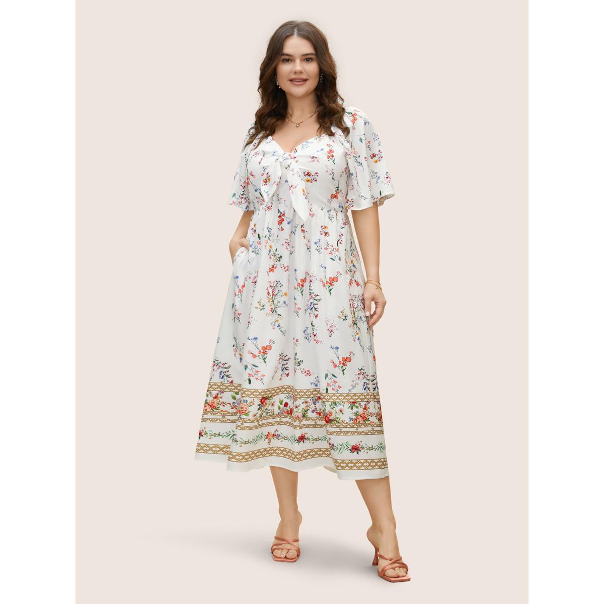 Plus Size Heart Neckline Floral Print Tie Knot Dress Originalwhite Women Elegant Tie knot Heart neckline Half Sleeve Curvy BloomChic 18-20/2X Product Image