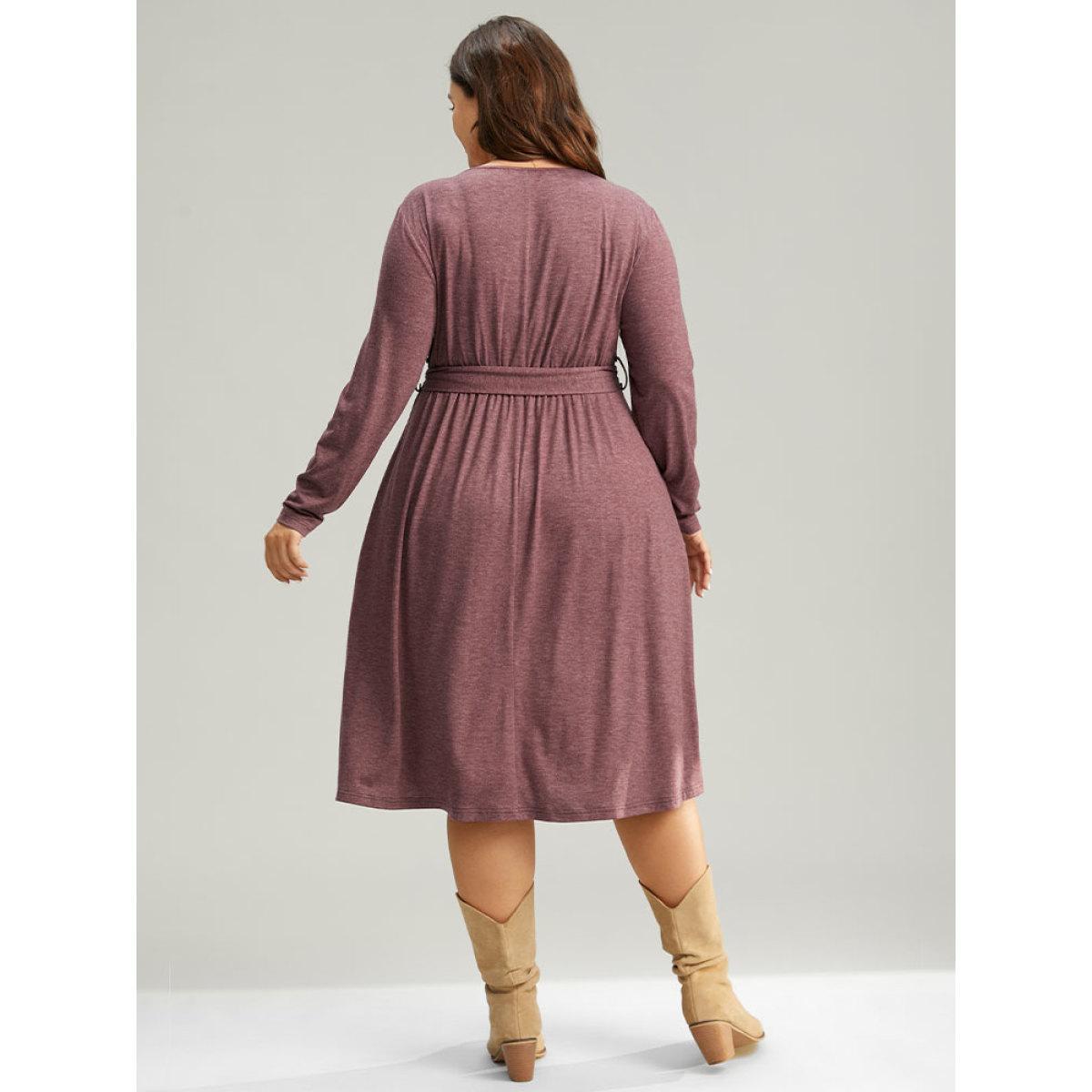 Plus Size Plain Pleated Hem Belted Long Sleeve Dress DustyPink Women Elegant Plain Round Neck Long Sleeve Curvy Midi Dress BloomChic 28/5X Product Image