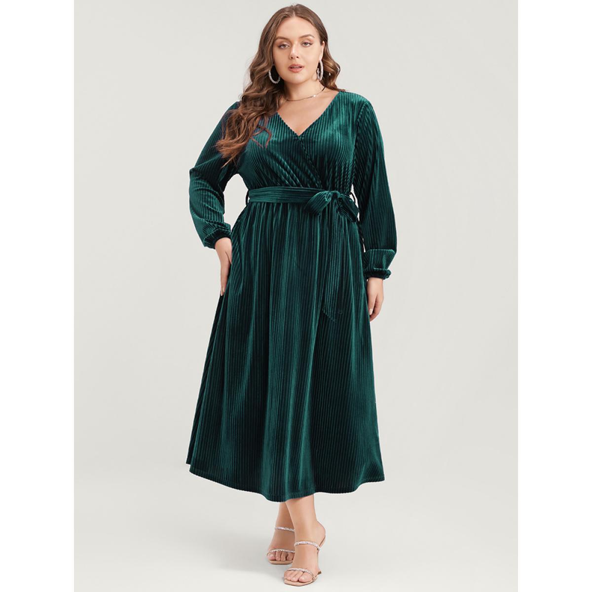 Plus Size Striped Velvet Pocket Lantern Sleeve Belted Wrap Dress DarkGreen Women Glamour Pocket V-neck Long Sleeve Curvy Midi Dress BloomChic 12/L Product Image
