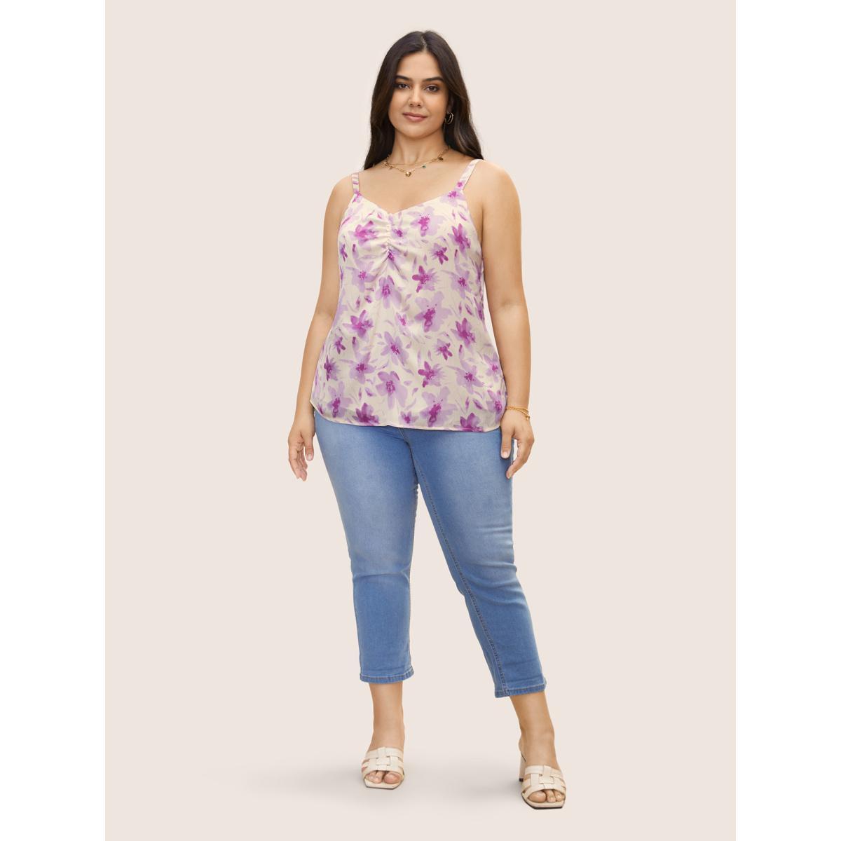 Plus Size Floral Print Ruched Split Hem Cami Top Women Ivory Elegant Contrast V-neck Everyday Tank Tops Camis BloomChic 22-24/3X Product Image