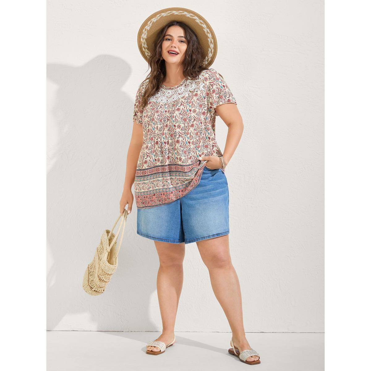 Plus Size Multicolor Sheer Lace Ruffled Neck Floral Blouse Women Short sleeve Round Neck Vacation Blouses BloomChic 12/L Product Image