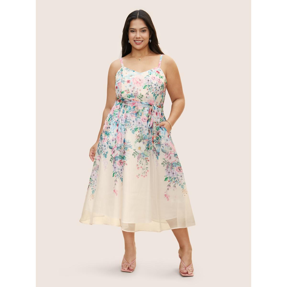 Plus Size Floral Mesh Elastic Waist Belted Cami Dress Champagne Women Elegant Belted U-neck Sleeveless Curvy BloomChic 22-24/3X Product Image