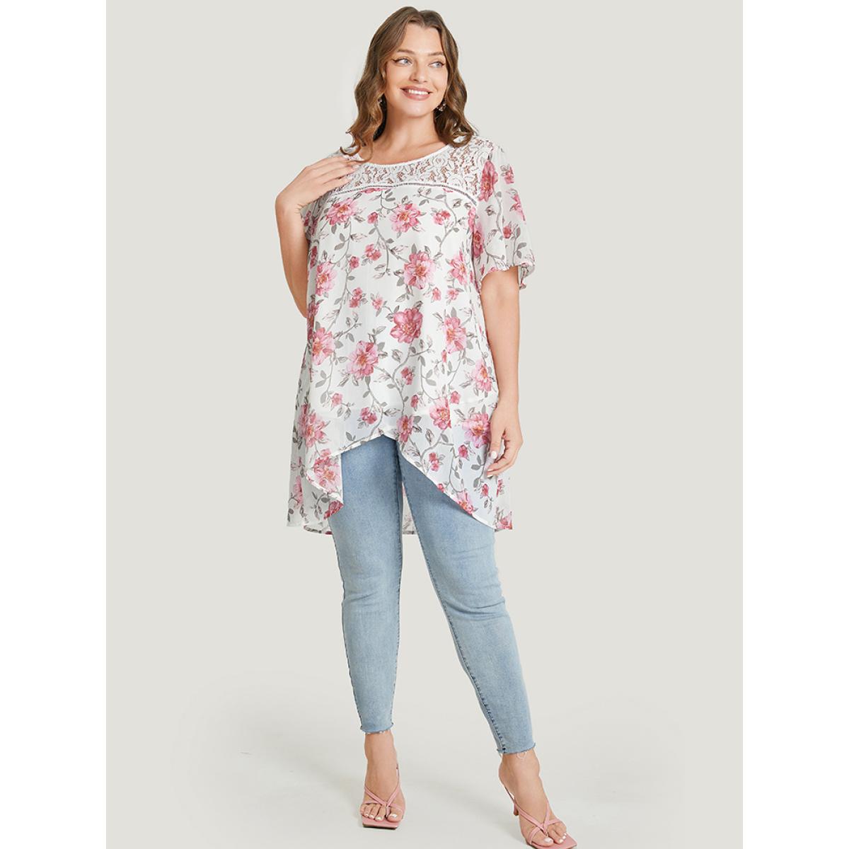 Plus Size White Floral Lace Ruffle Sleeve High Low Hem Blouse Women Elegant Short sleeve Round Neck Dailywear Blouses BloomChic 10/M Product Image