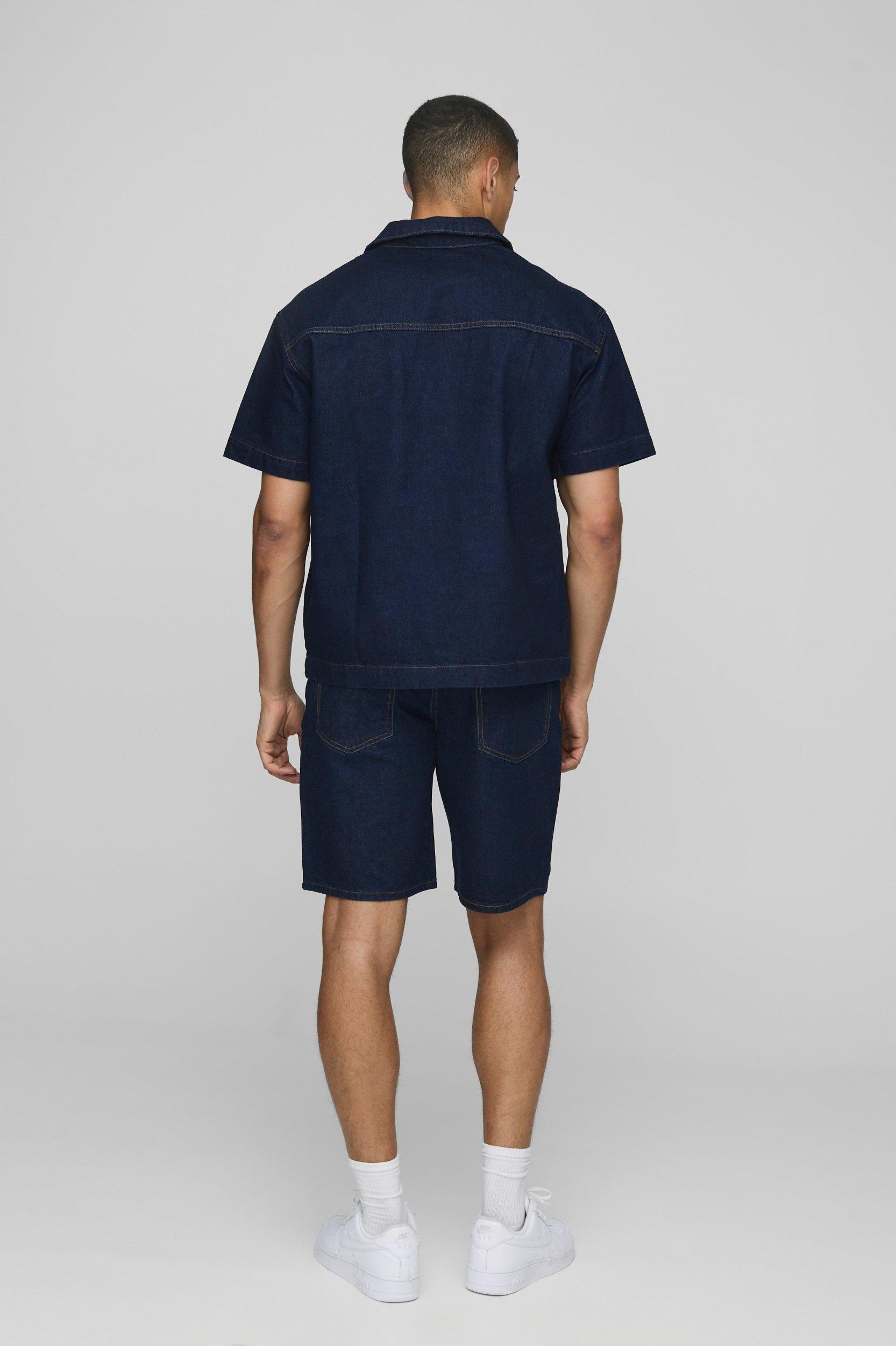 Short Sleeve Indigo Denim Boxy Rugby Shirt | boohooMAN USA Product Image