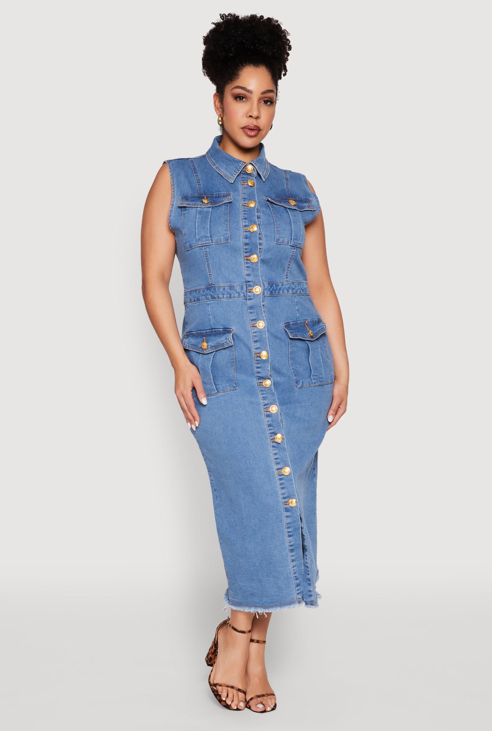 Womens Plus Size Daisy Denim Sleeveless Utility Maxi Dress Product Image