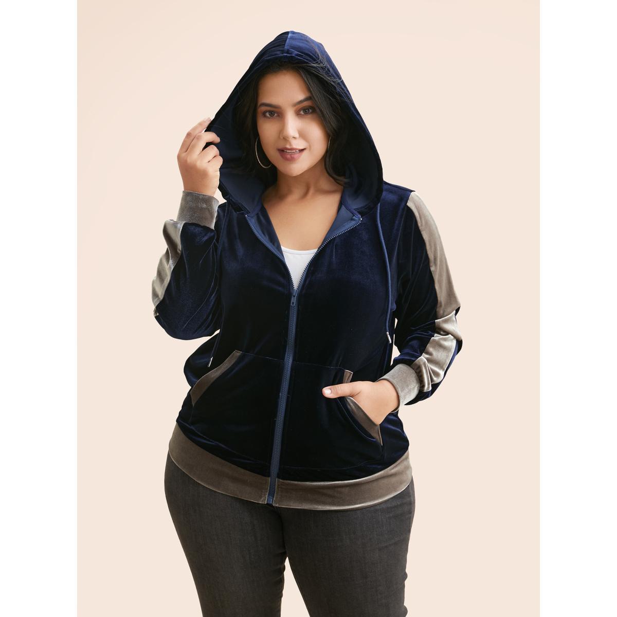 Plus Size Velvet Contrast Patchwork Hooded Sweatshirt Women Midnight Casual Contrast Hooded Everyday Sweatshirts BloomChic 26/4X Product Image