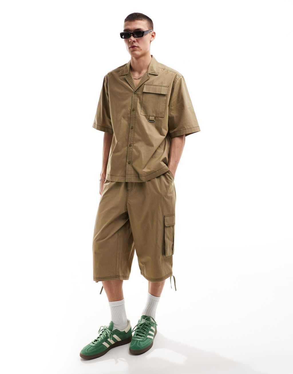 COLLUSION ripstop boxy revere shirt with contrast stitch in khaki - part of a set Product Image