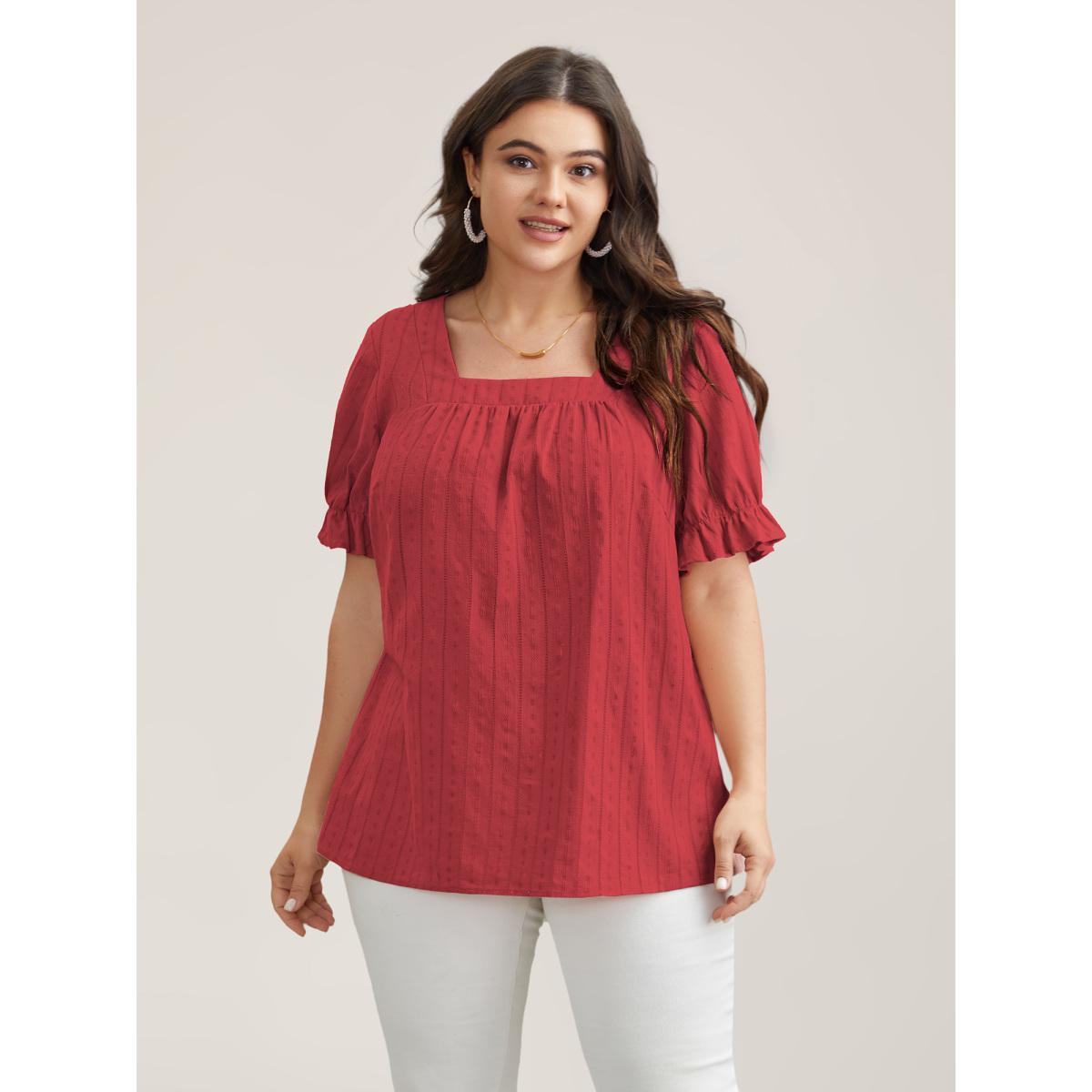 Plus Size Crimson Cotton Square Neck Ruffled Sleeve Shirt Women Elegant Short sleeve Square Neck Everyday Blouses BloomChic 18-20/2X Product Image