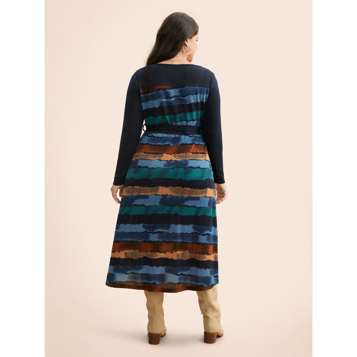 Plus Size Contrast Striped Round Neck Midi Dress Indigo Women Casual Belted Knit Dresses Bloomchic 18-20/2X Product Image