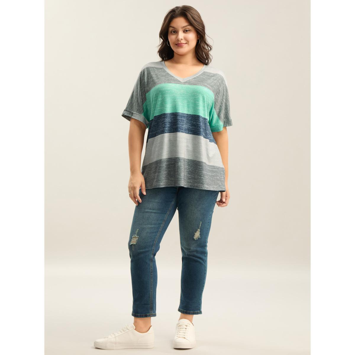 Plus Size Multi-Color Summer Stripes T-Shirt Malachitegreen Women Casual Contrast V-neck Everyday-Casual T-shirts BloomChic 26/4X Product Image