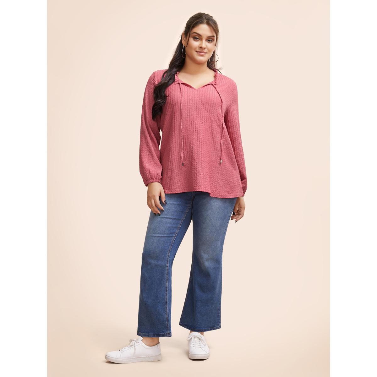 Plus Size Textured Tie Knot Lantern Sleeve T-shirt Beanpastepowder Women Casual Tie knot V-neck Everyday T-shirts BloomChic 10/M Product Image