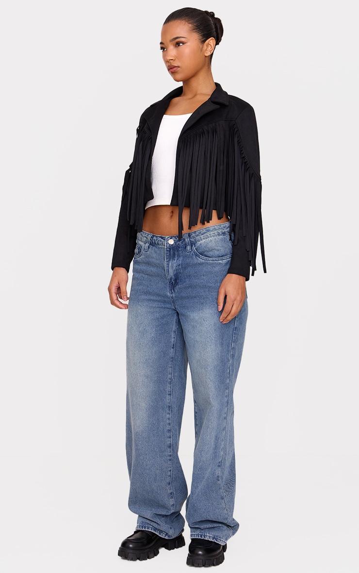 Black Cropped Tassel Faux Suede Jacket Product Image