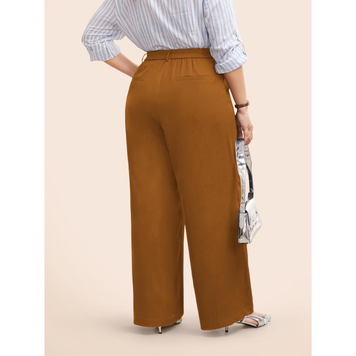 Plus Size Stretch Woven Pleated Elastic Waist Pants Women Yellowishbrown At the Office Wide Leg Mid Rise Work Pants BloomChic 28/5X Product Image