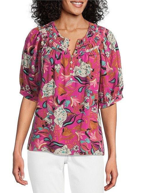 Nurture Smocked Yoke Short Sleeve V-Neck Button Down Top Product Image