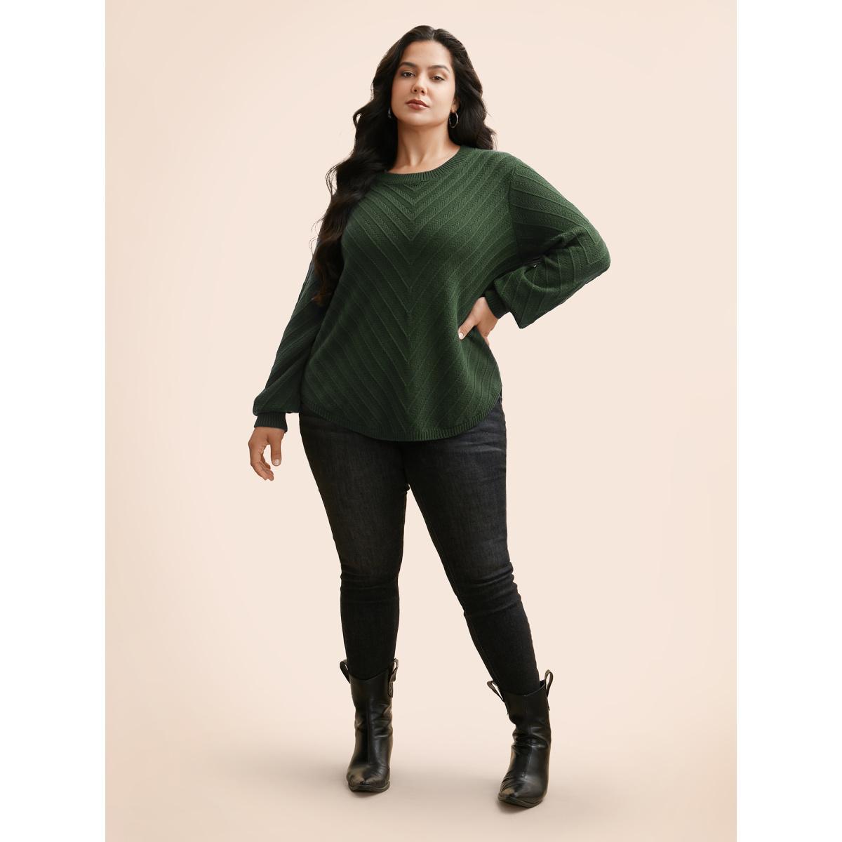 Plus Size Plain Textured Crew Neck Pullover DarkGreen Women Casual Loose Long Sleeve Boat Neck Everyday Pullovers BloomChic 18-20/2X Product Image