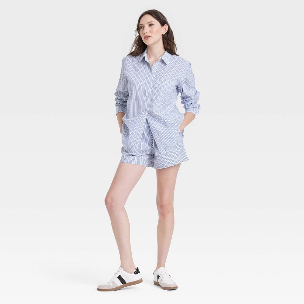 Womens Long Sleeve Collared Button-Down Shirt - Universal Thread Blue Striped XS: Relaxed Fit, Voile Fabric Product Image