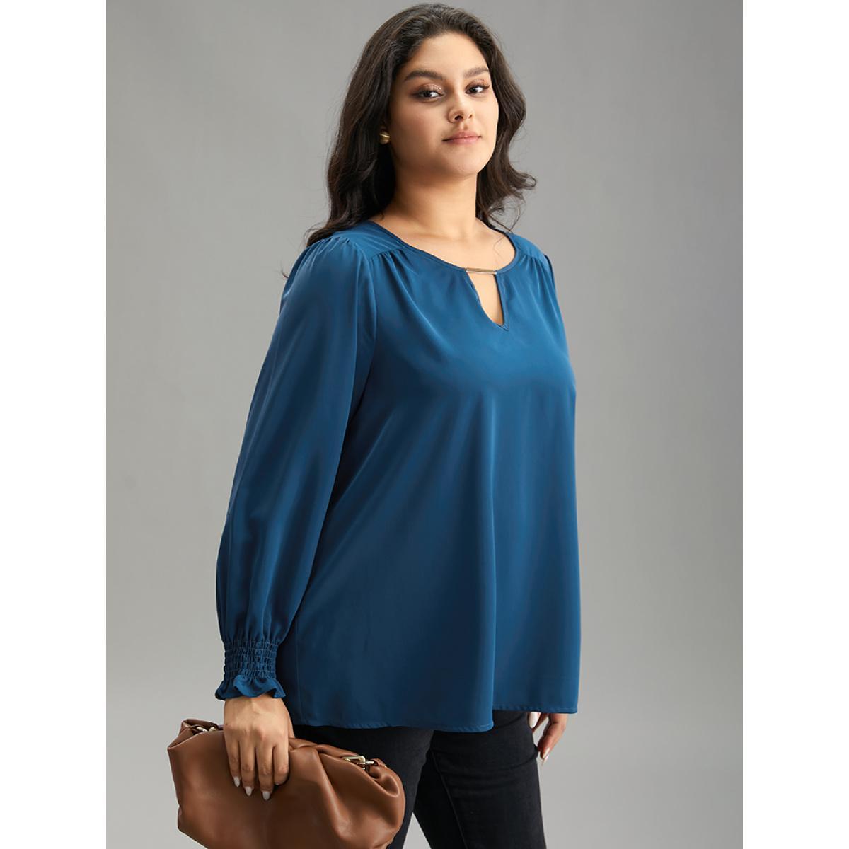 Plus Size Aegean Static-Free Plain Metal Detail Keyhole Shirred Blouse Women Office Long Sleeve Keyhole Cut-Out Work Blouses BloomChic 28/5X Product Image
