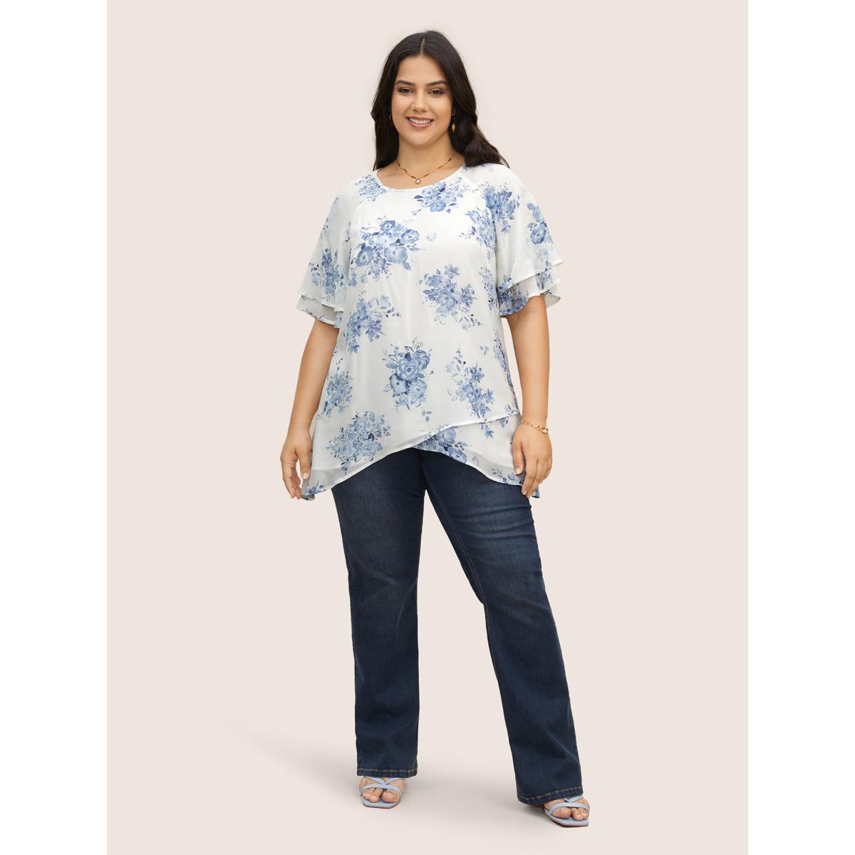Plus Size Originalwhite Chiffon Floral Tiered Ruffles Raglan Sleeve Blouse Women Elegant Half Sleeve Round Neck Everyday Blouses BloomChic 28/5X Product Image