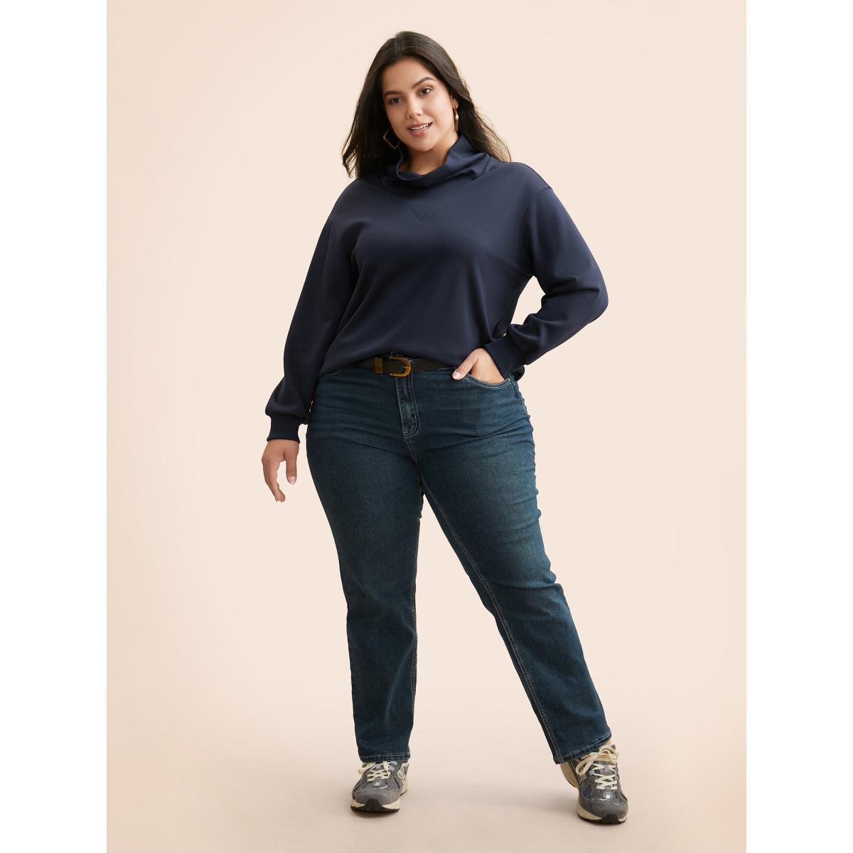 Plus Size Ruffled Collar Plain Drop Shoulder Sweatshirt Women Indigo Casual Non Ruffled collar Everyday Sweatshirts BloomChic 10/M Product Image