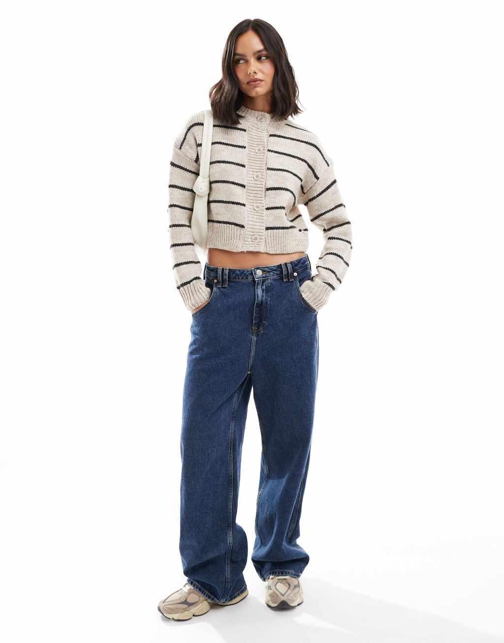 ASOS DESIGN crop crew neck cardigan in cream stripe Product Image