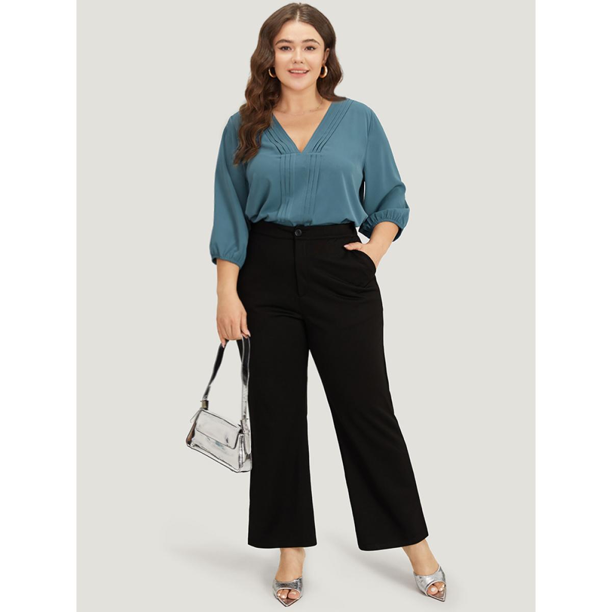 Plus Size Aegean Plain Pleated Detail Elastic Cuffs V Neck Blouse Women Office Elbow-length sleeve V-neck Work Blouses BloomChic 12/L Product Image