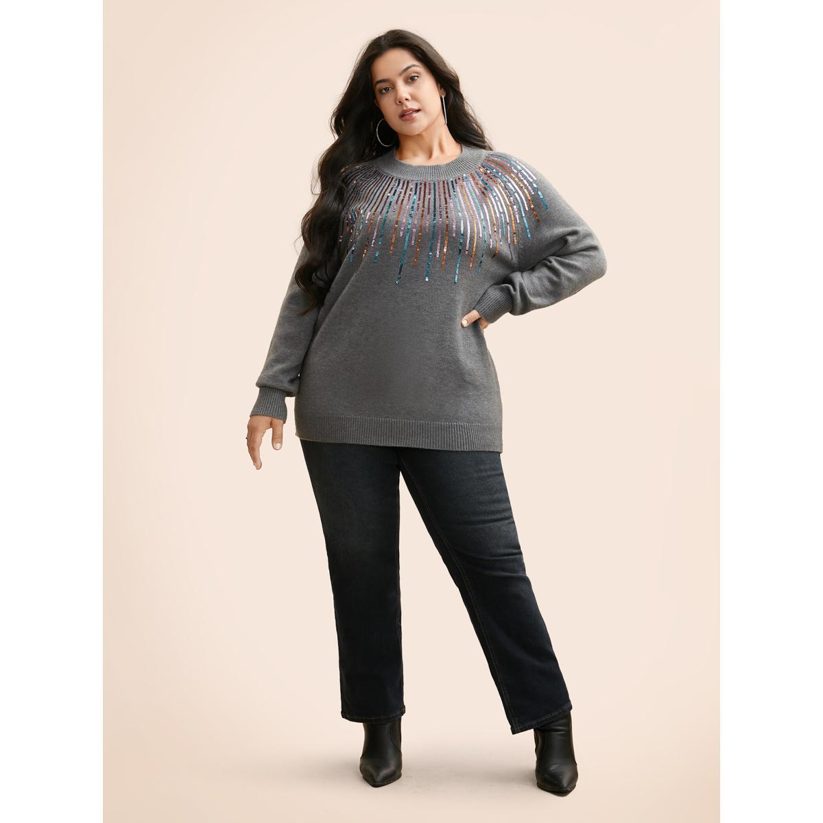 Plus Size Supersoft Essentials Sequin Raglan Sleeve Pullover DimGray Women Casual Loose Long Sleeve Round Neck Everyday Pullovers BloomChic 10/M Product Image