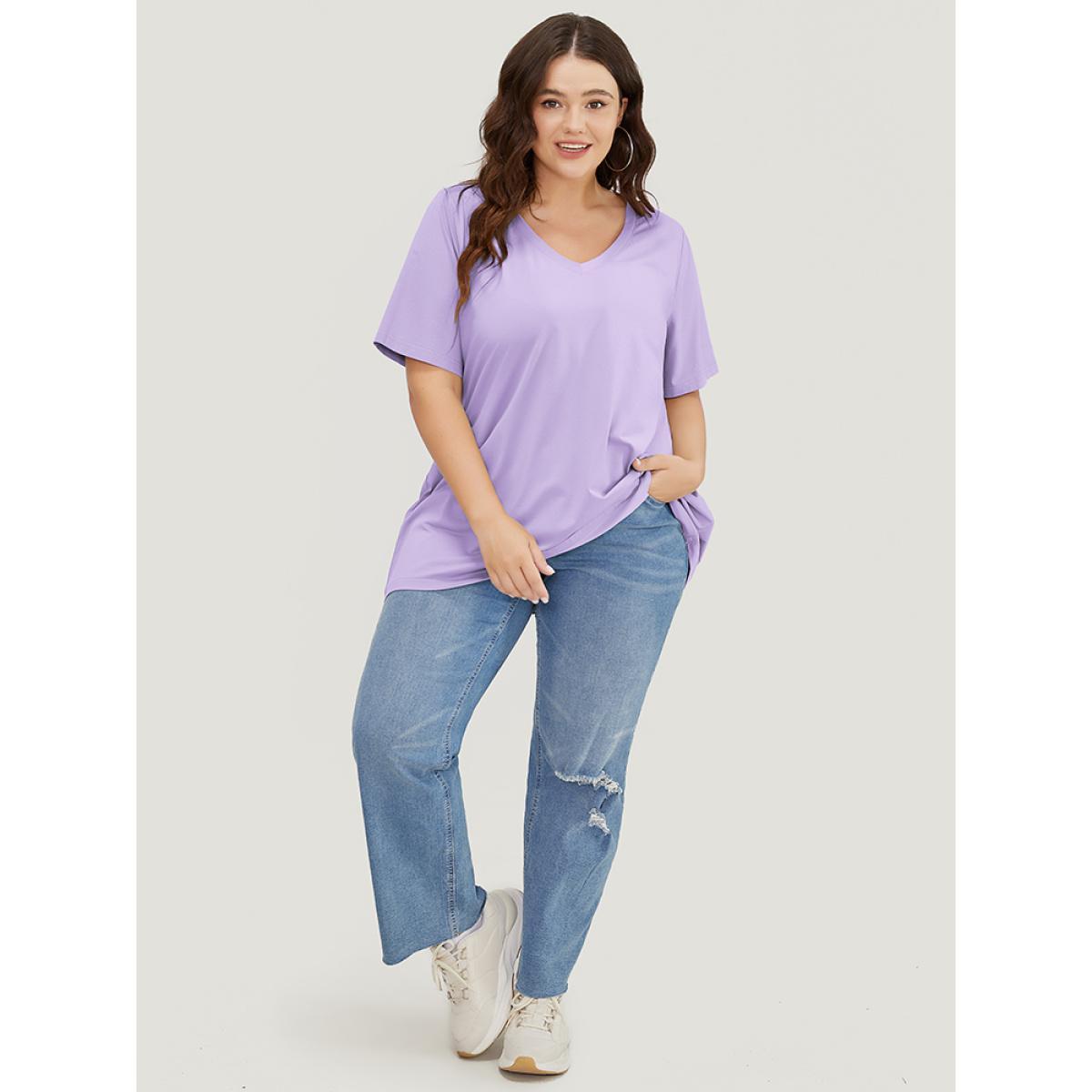 Plus Size UltraCool Drop Shoulder Short Sleeve T-shirt Lilac Women Basics Plain V-neck Dailywear T-shirts BloomChic 30/6X Product Image