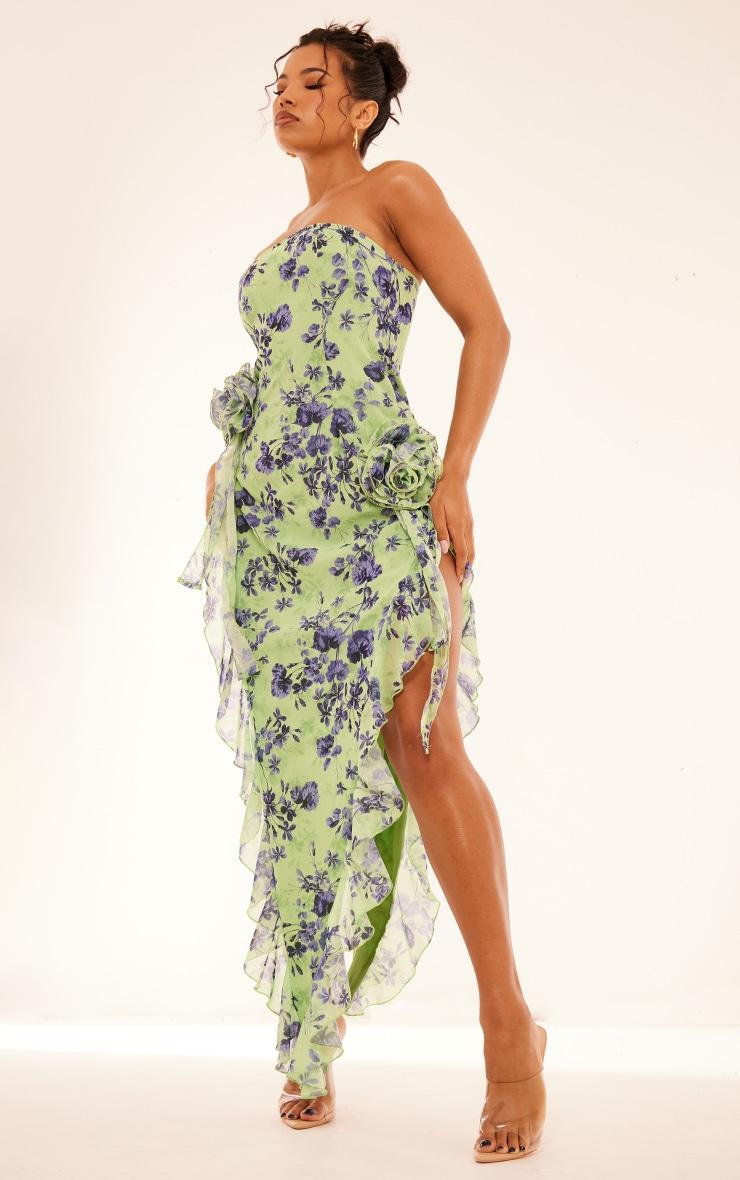 Green Floral Bandeau Corsage Frill Detail Midaxi Dress Product Image