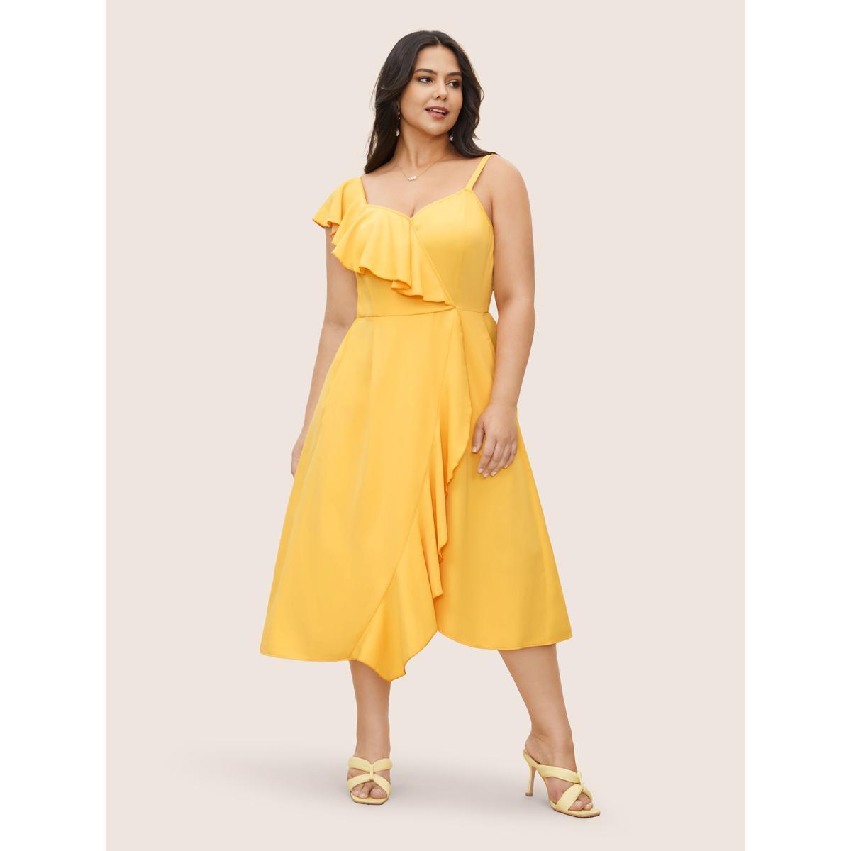 Plus Size Citrus Solid Ruffle Trim Surplice Neck Dress Gold Women Elegant Overlapping V-neck Sleeveless Curvy Midi Dress BloomChic 26/4X Product Image