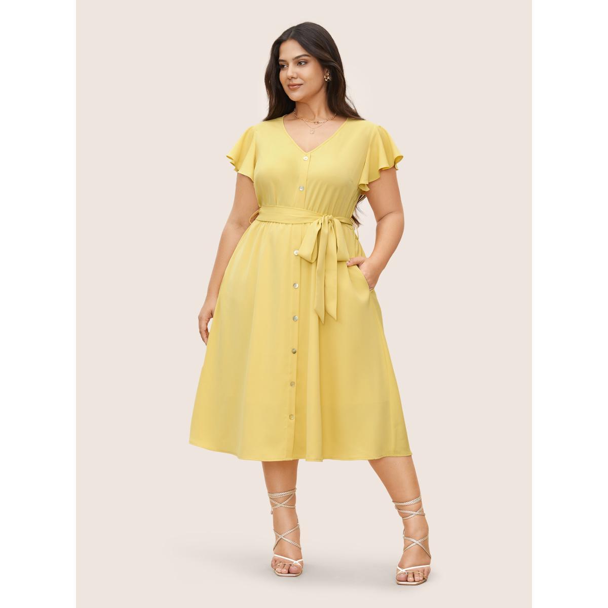 Plus Size Citrus Solid Ruffle Cap Sleeve Button Detail Dress Yellow Women Elegant Belted V-neck Cap Sleeve Curvy Midi Dress BloomChic 12/L Product Image
