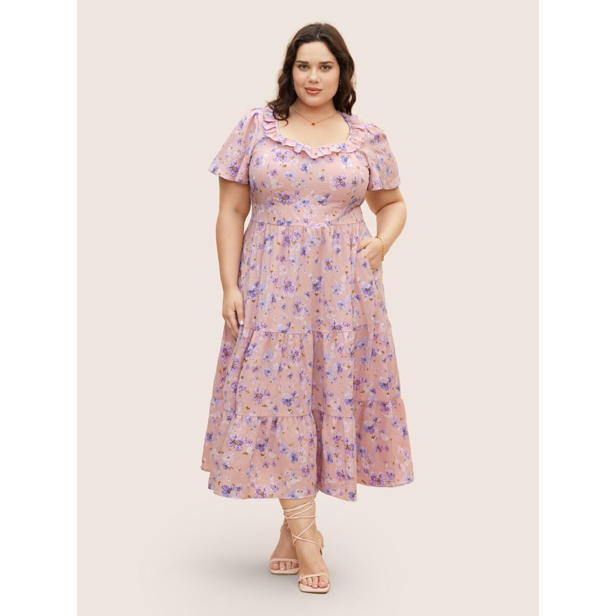 Plus Size Floral Shirred Elastic Waist Frill Trim Midi Dress Crepe Women Elegant Frill Trim Square Neck Short sleeve Curvy BloomChic 18-20/2X Product Image