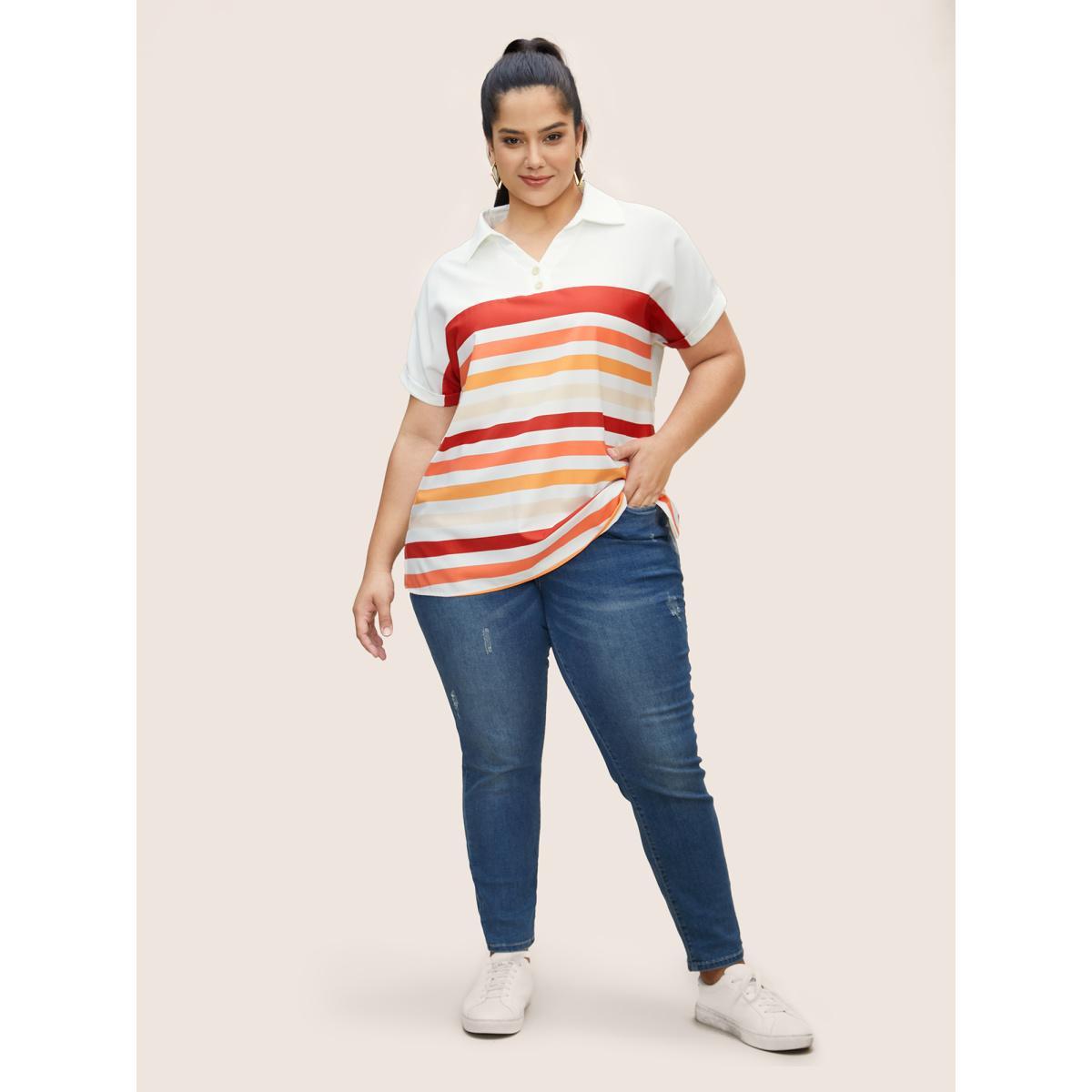Plus Size Multicolor Striped Contrast Shirt Collar Batwing Sleeve Blouse Women Casual Short sleeve Shirt collar Everyday Blouses BloomChic 30/6X Product Image