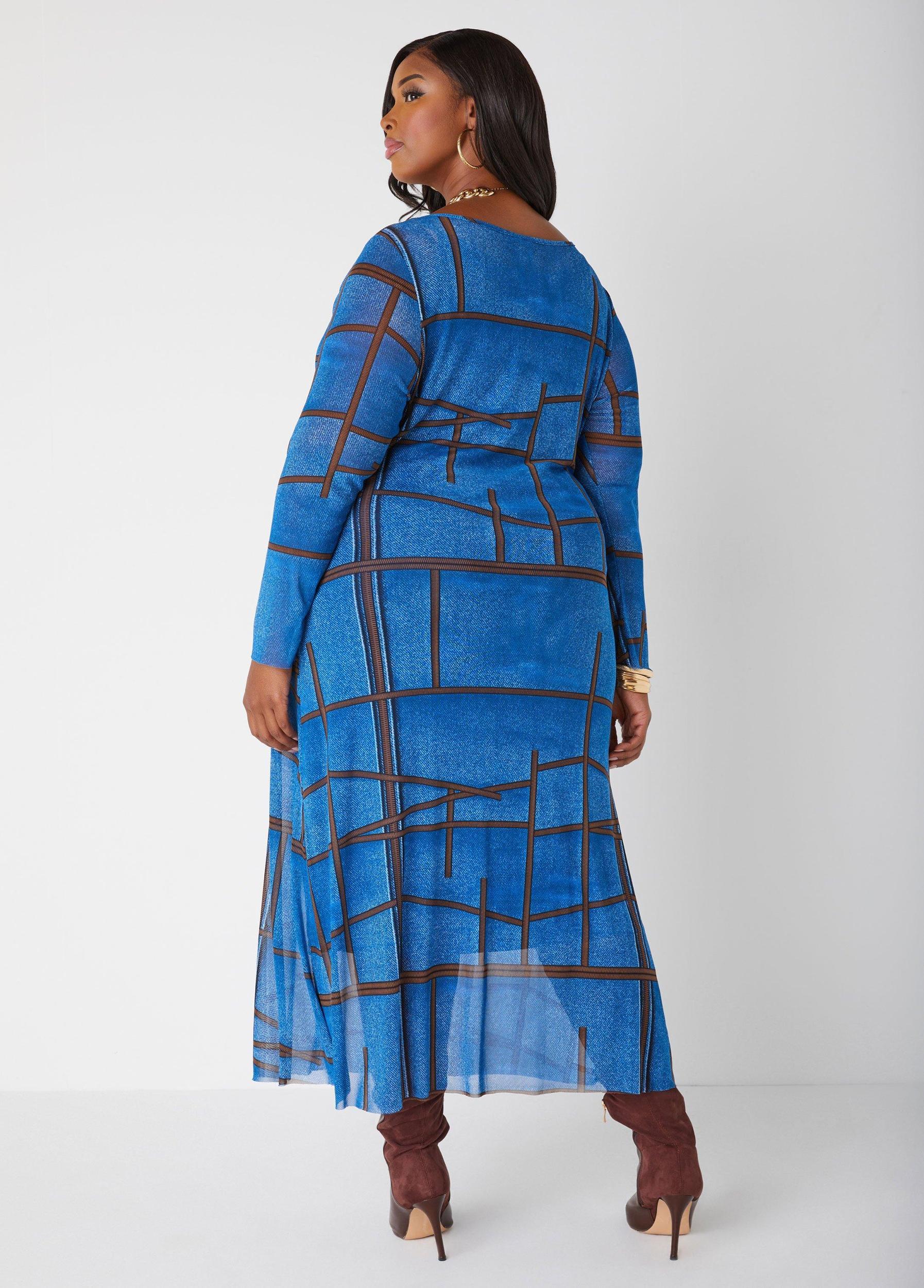 Denim Print Mesh Maxi Dress Product Image