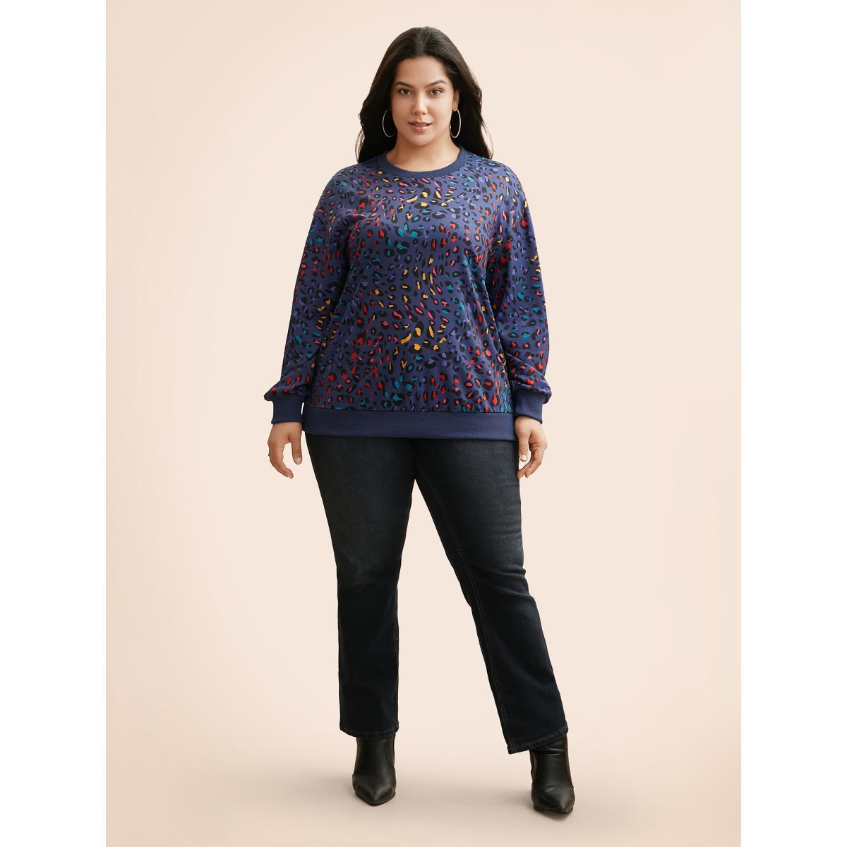 Plus Size Round Neck Color Leopard Print Sweatshirt Women Indigo Casual Contrast Round Neck Everyday Sweatshirts BloomChic 22-24/3X Product Image