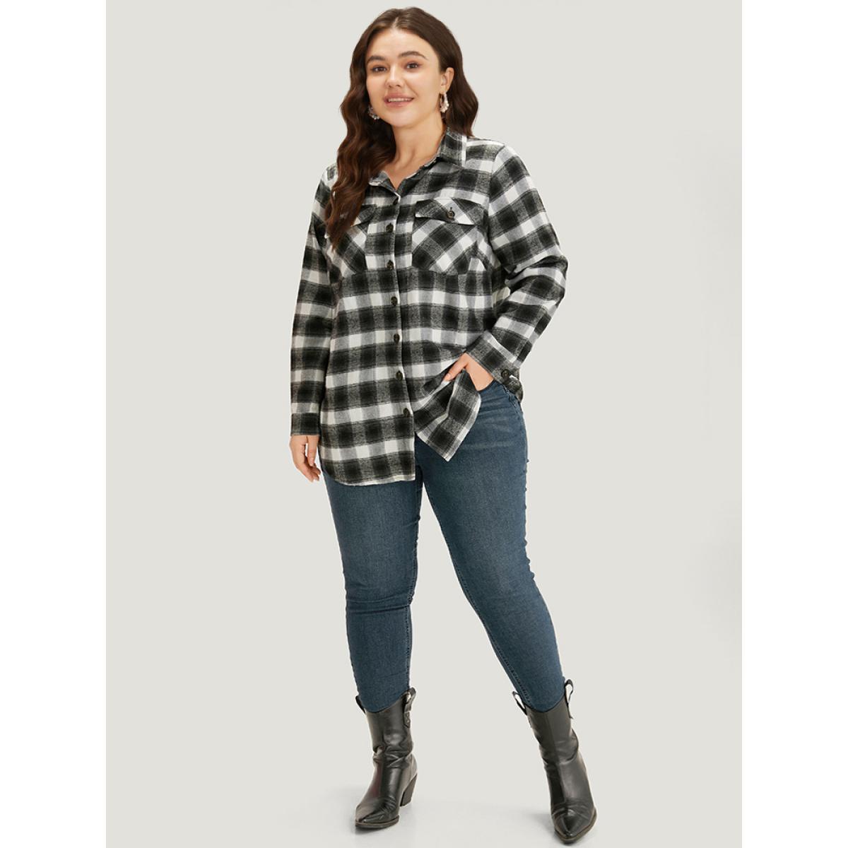 Plus Size Plaid Arc Hem Pocket Button Through Shirt Collar Coat Women Black Casual Arc Hem Ladies Dailywear Winter Coats BloomChic 12/L Product Image