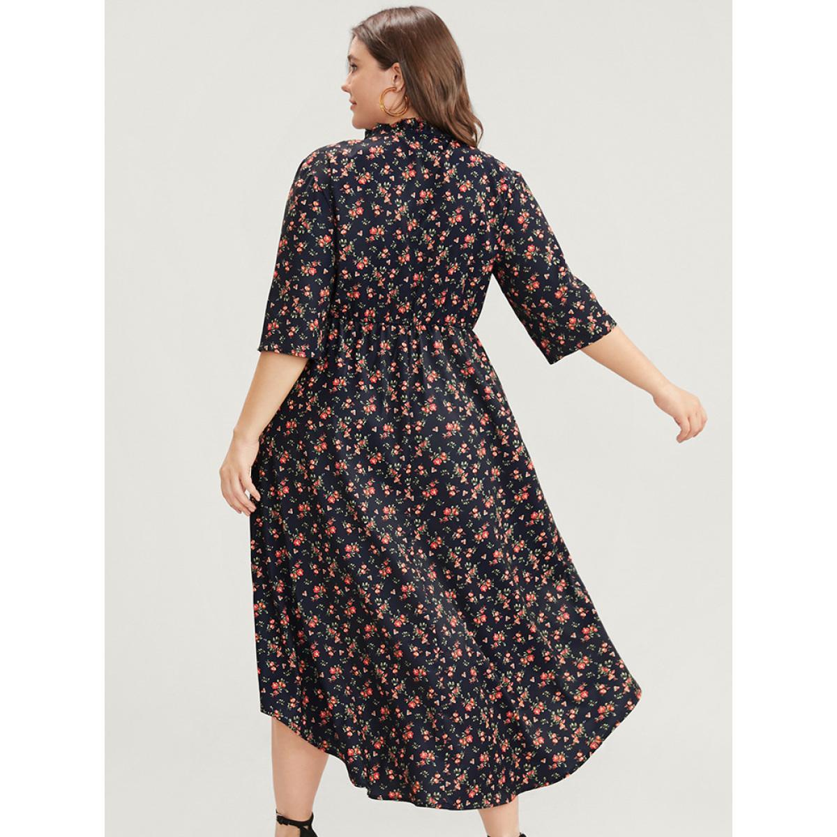 Plus Size Ditsy Floral Frill Trim Tie Neck Pocket Arc Hem Dress DarkBlue Women Elegant Cross straps Round Neck Half Sleeve Curvy Midi Dress BloomChic 18-20/2X Product Image