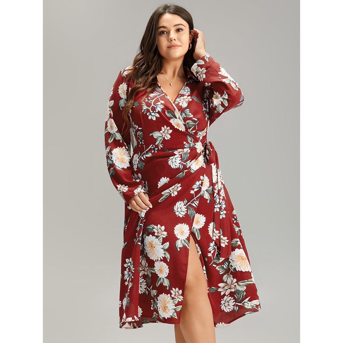 Plus Size Floral Print Knotted Shirt Collar Dress Scarlet Women Elegant Printed V-neck Long Sleeve Curvy Midi Dress BloomChic 12/L Product Image