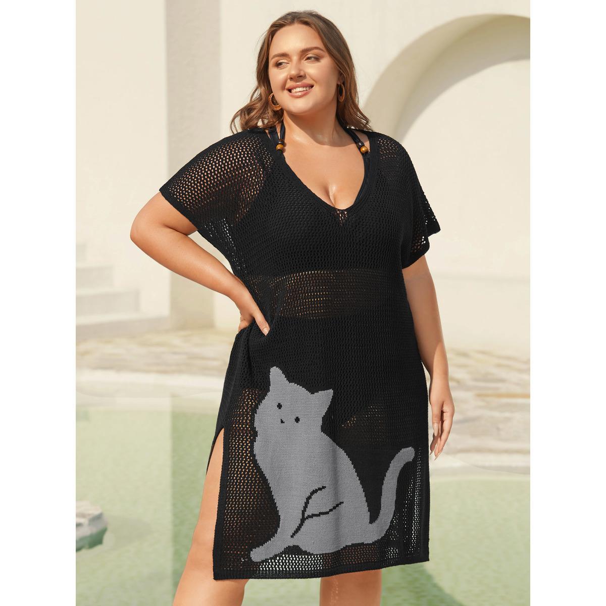 Plus Size Cut-Out Sheer Cat Pattern Swim Cover-Up Women's Swimwear Black Beach Loose Contrast Curve Swim Cover Ups BloomChic 10/M Product Image