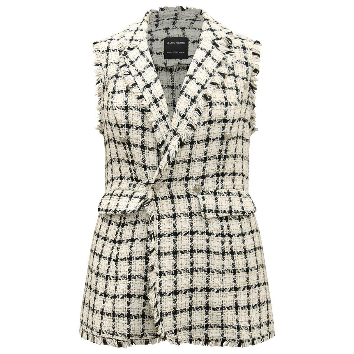 Plus Size Plaid Sleeveless Flap Pocket Button Up Blazer White Women Work Plaid Contrast Sleeve Long Sleeve Suit Collar 28/5X Pocket Casual Blazers BloomChic Product Image