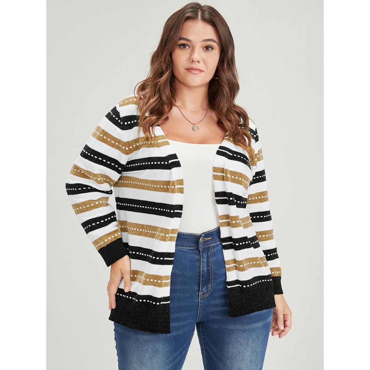 Plus Size Striped Contrast Pointelle Knit Jacquard Open Front Cardigan Multicolor Women Casual Long Sleeve Dailywear Cardigans BloomChic 10/M Product Image