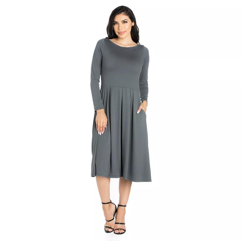 Women's 24Seven Comfort Apparel Long Sleeve Fit & Flare Dress with Pockets, Size: Small, Grey Product Image