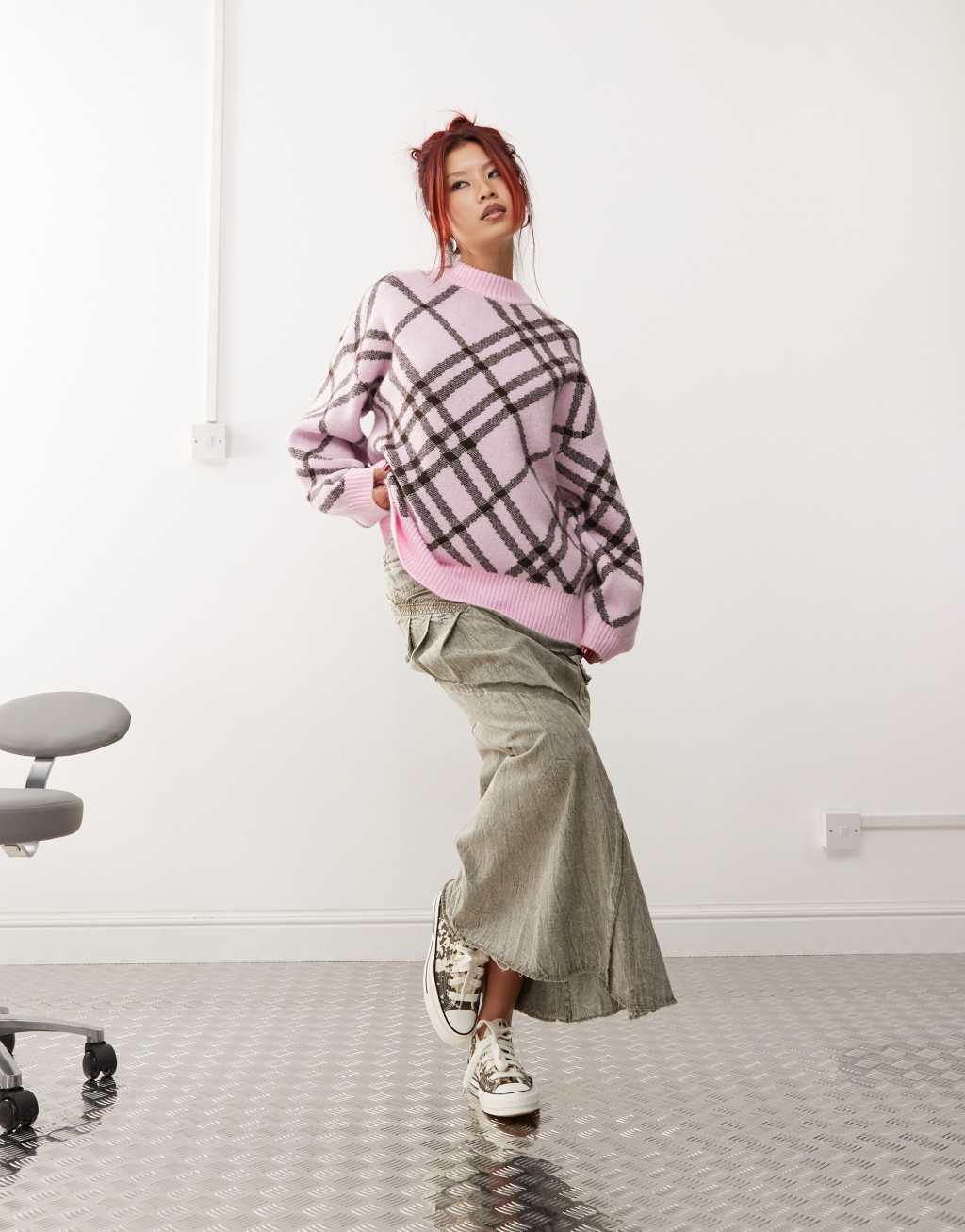 Monki oversized knit sweater in pink and black plaid Product Image
