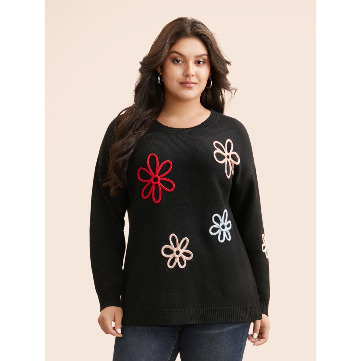 Plus Size Crochet Floral Crew Neck Pullover Black Women Casual Loose Long Sleeve Round Neck Everyday Pullovers BloomChic 30/6X Product Image