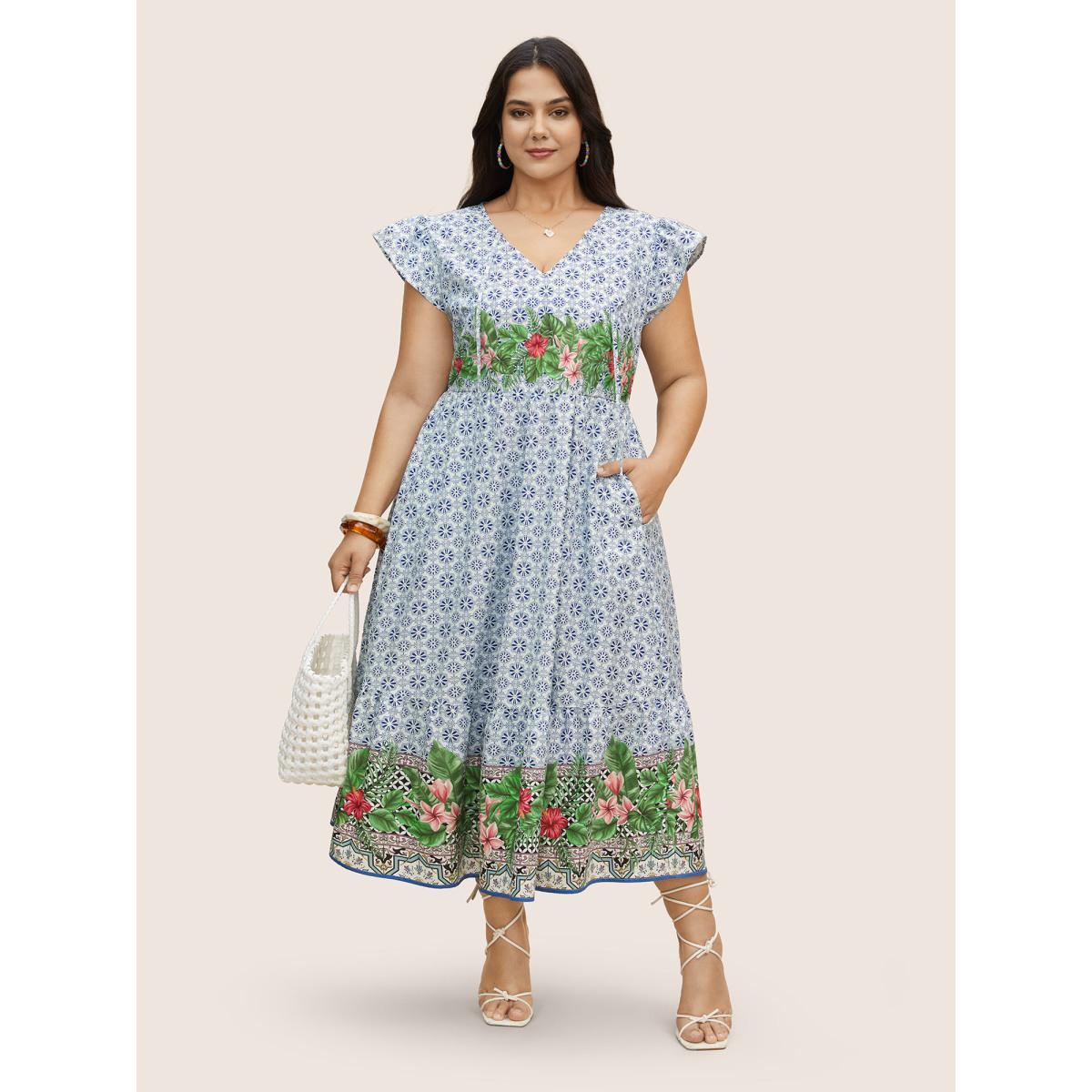 Plus Size Bandana Print Tie Knot Ruffle Cap Sleeve Dress LightBlue Women Resort Tie knot V-neck Cap Sleeve Curvy BloomChic 28/5X Product Image
