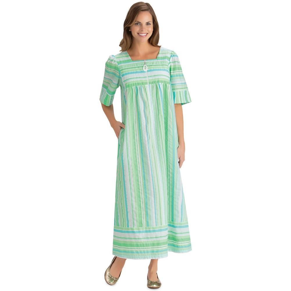 Collections Etc Short-Sleeve Seersucker Striped Robe with Half-Zip Front Large Female Mint Product Image