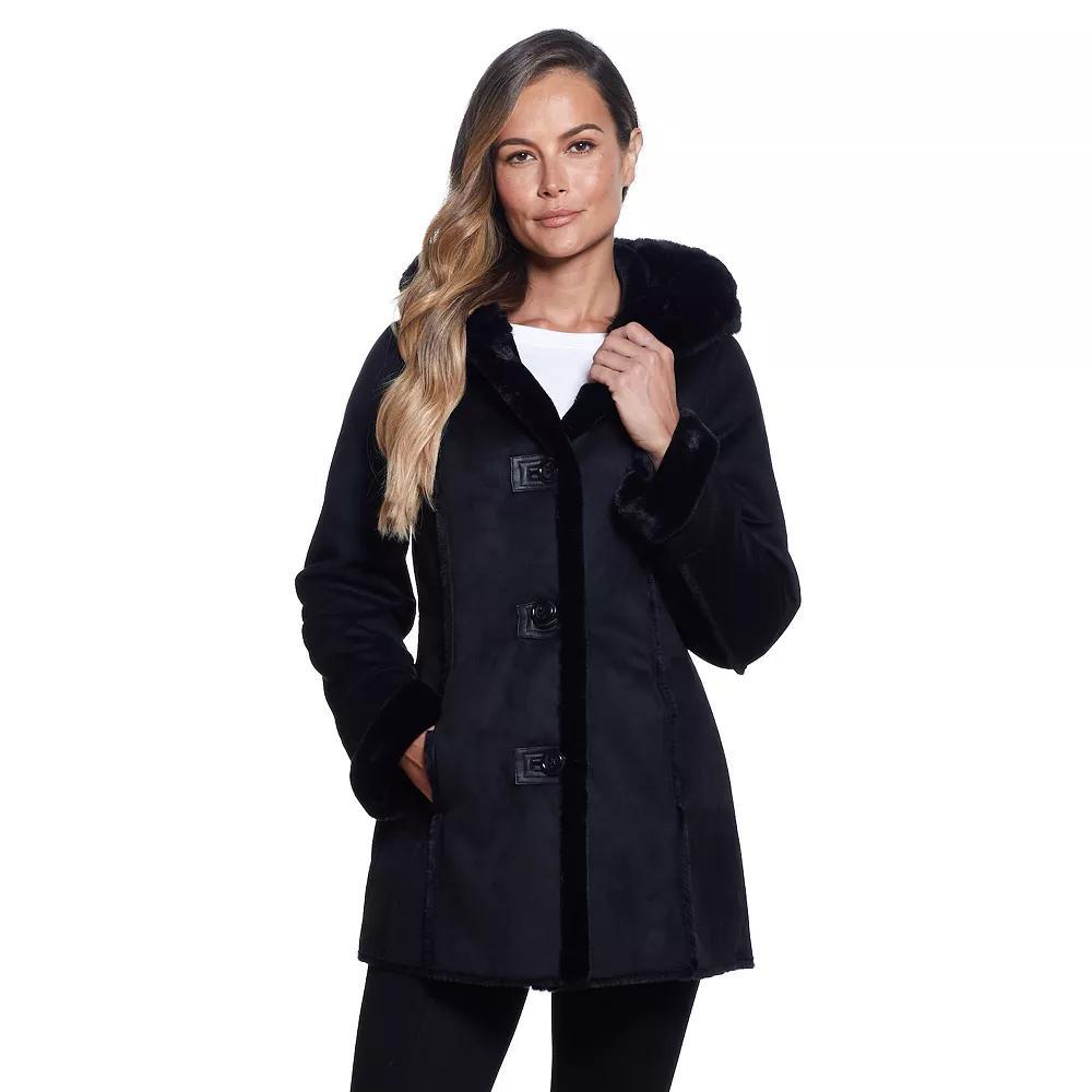 Women's Gallery Hooded Faux-Fur Coat, Size: Medium, Black Product Image