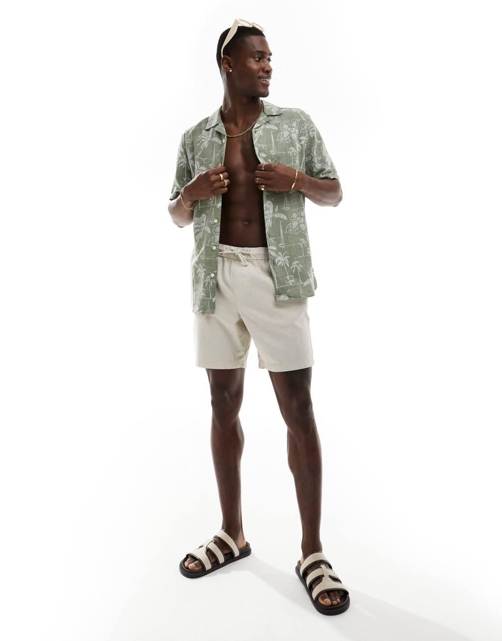 ONLY & SONS revere collar linen mix shirt in sage Hawaiian print Product Image