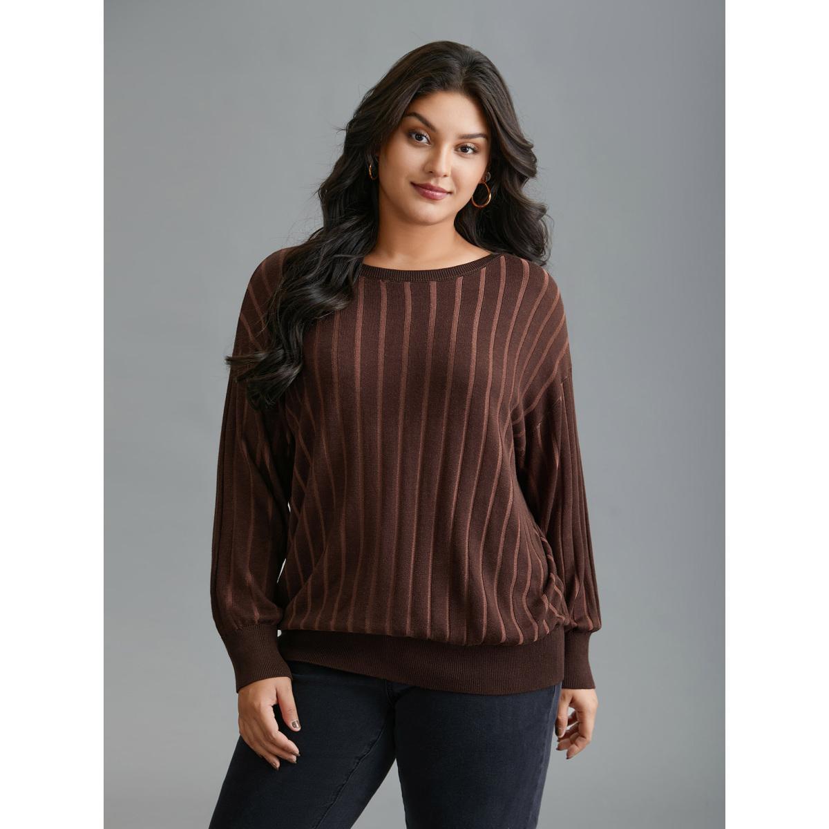 Plus Size Textured Ribbed Hem Round Neck Pullover Browncoffeecolor Women Casual Loose Long Sleeve Round Neck Everyday Pullovers BloomChic 12/L Product Image