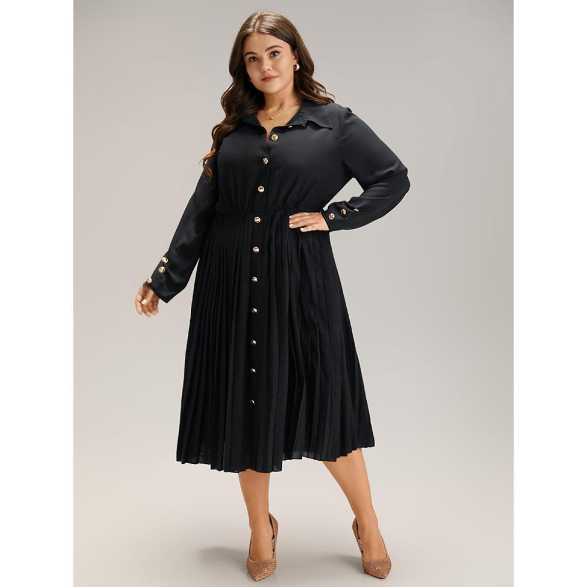 Plus Size Solid Shirt Collar Pleated Metal Detail Dress Black Women Office Plain Shirt collar Long Sleeve Curvy Midi Dress BloomChic 12/L Product Image